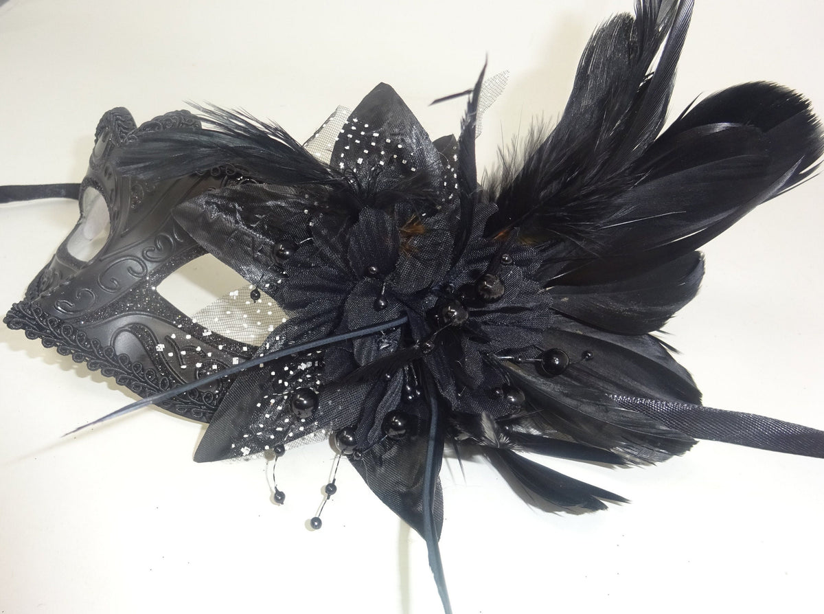 Ladies Black Masquerade Mask with Flower Pearls and Feather Detail