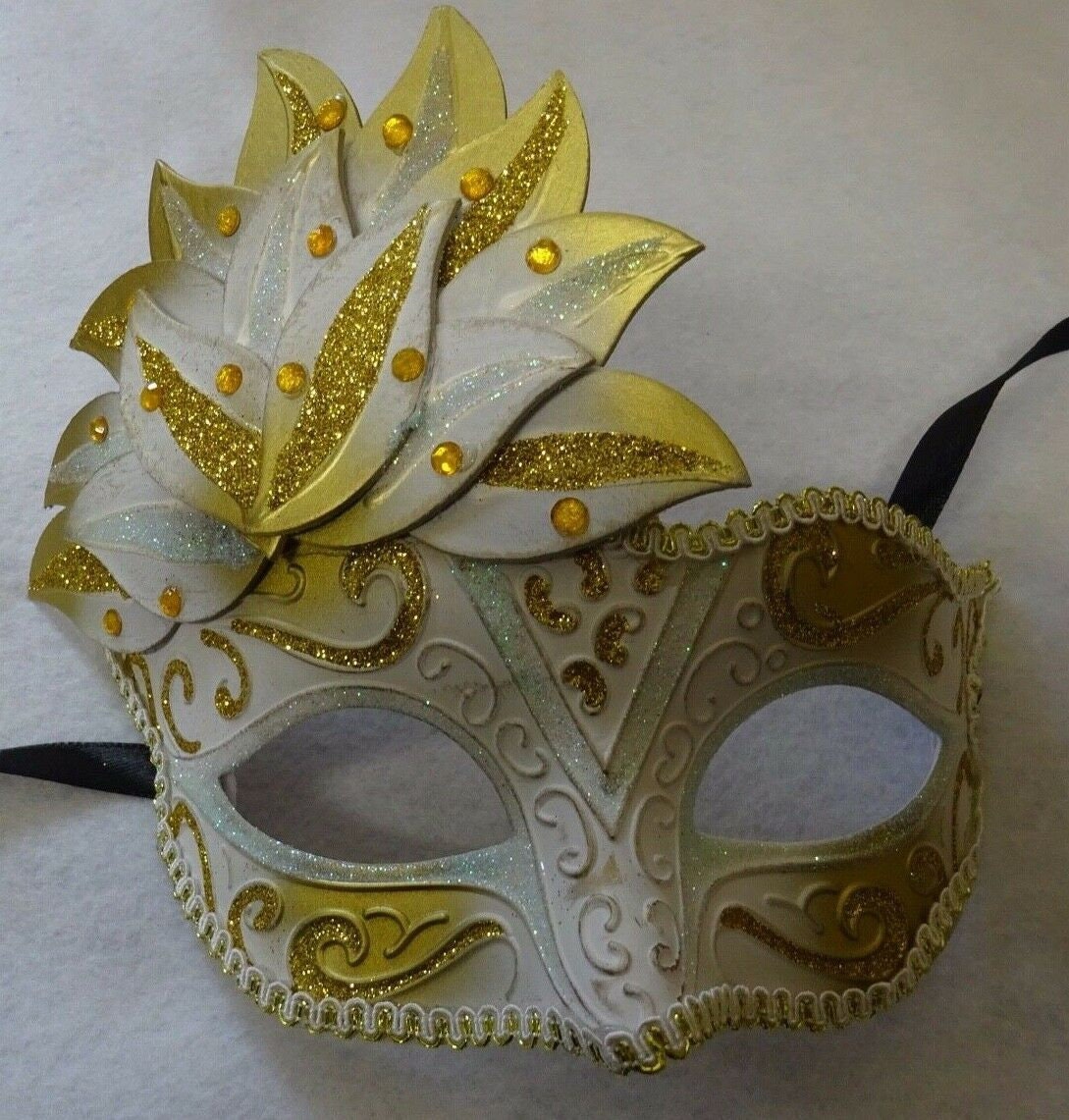 Ladies White and Gold Sparkling Masquerade Mask with Diamonte Detail