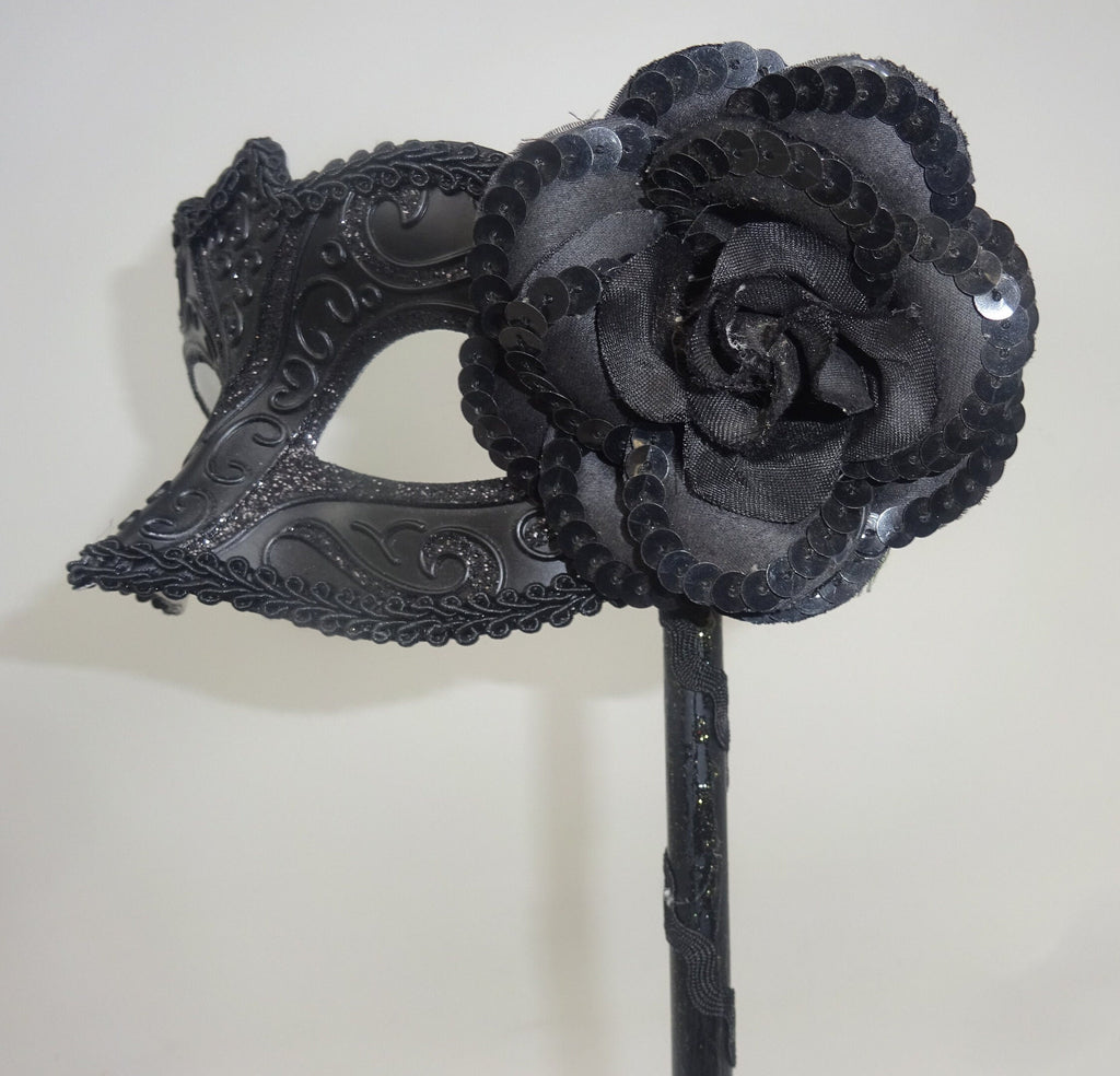 Black Venetian Masquerade Ball Carnival Eye Mask on a Stick with Flower Detail