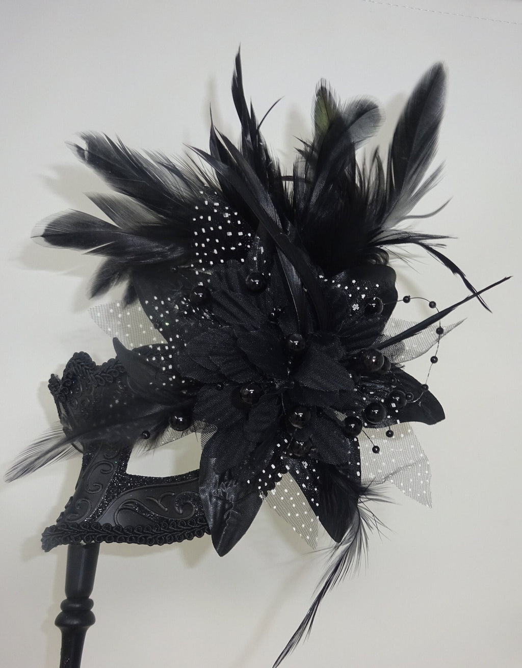 Black Masquerade Mask with Flower for Masked Ball Carnival Party Halloween Hand Held on an Elaborate Stick