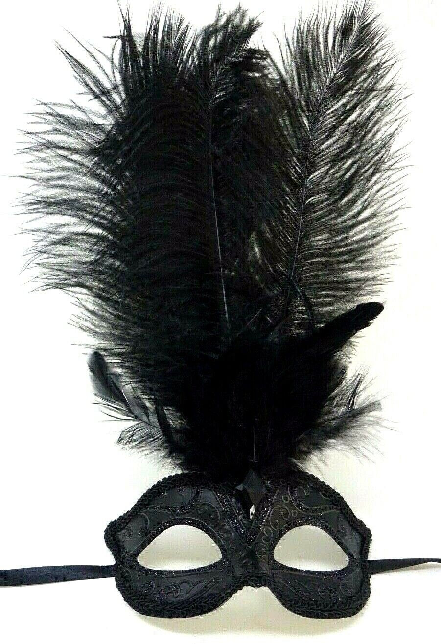 Ladies Black Masquerade Mask with Long Feathers and Centre Jewel