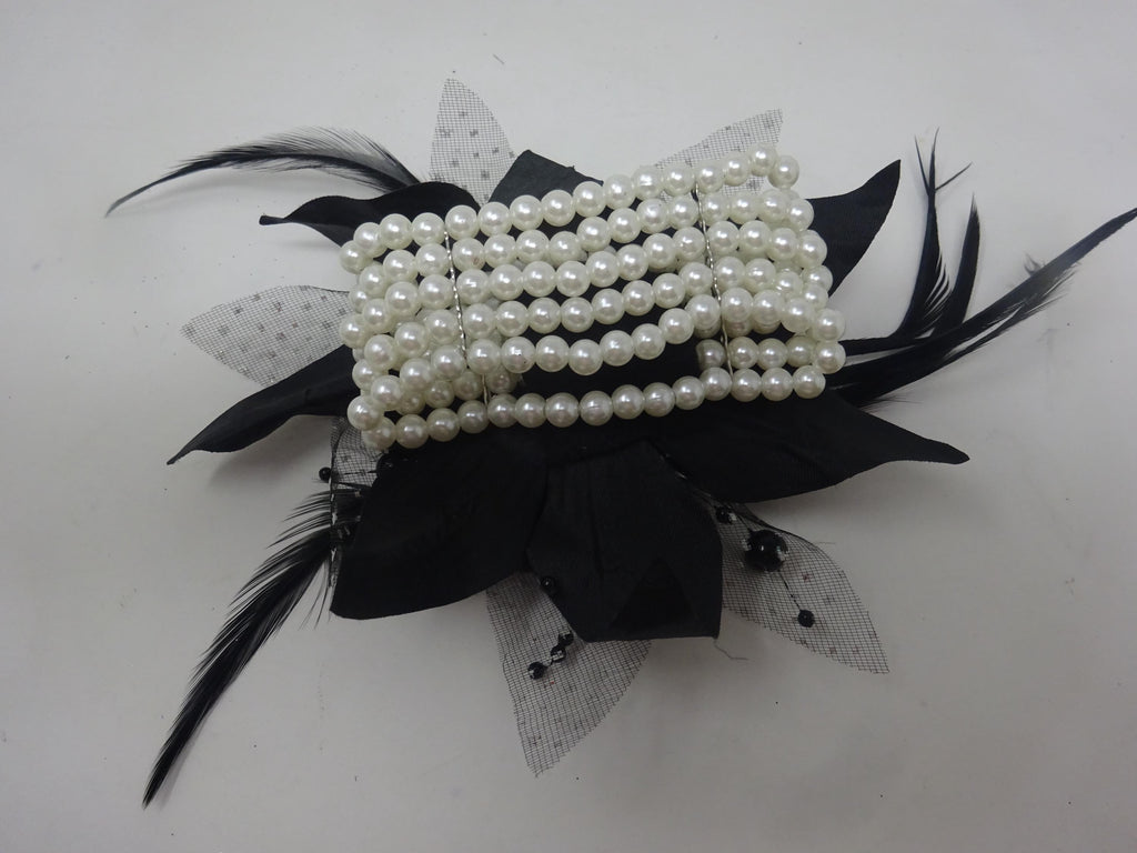 Black Flower Wrist Corsage on Beaded Bracelet with Fabric Flower with Feathers Black Beads and Spotted Organza