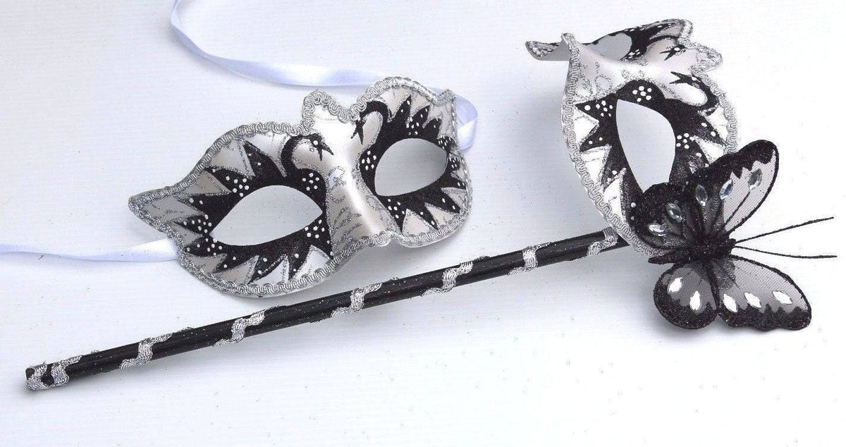 Stunning Black and White His and Hers Couples Masquerade Masks on a Silver Stick with Black Butterfly