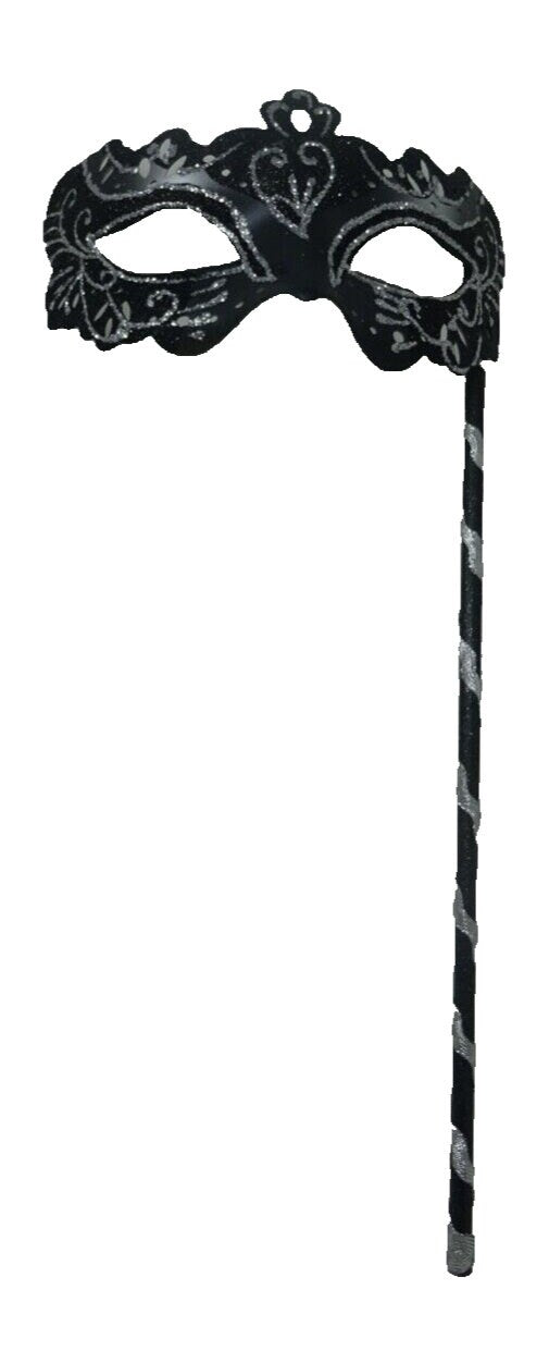 Black and Silver Rialto Masquerade Mask for Masked Ball Carnival Party Halloween Hand Held on a Wooden Stick