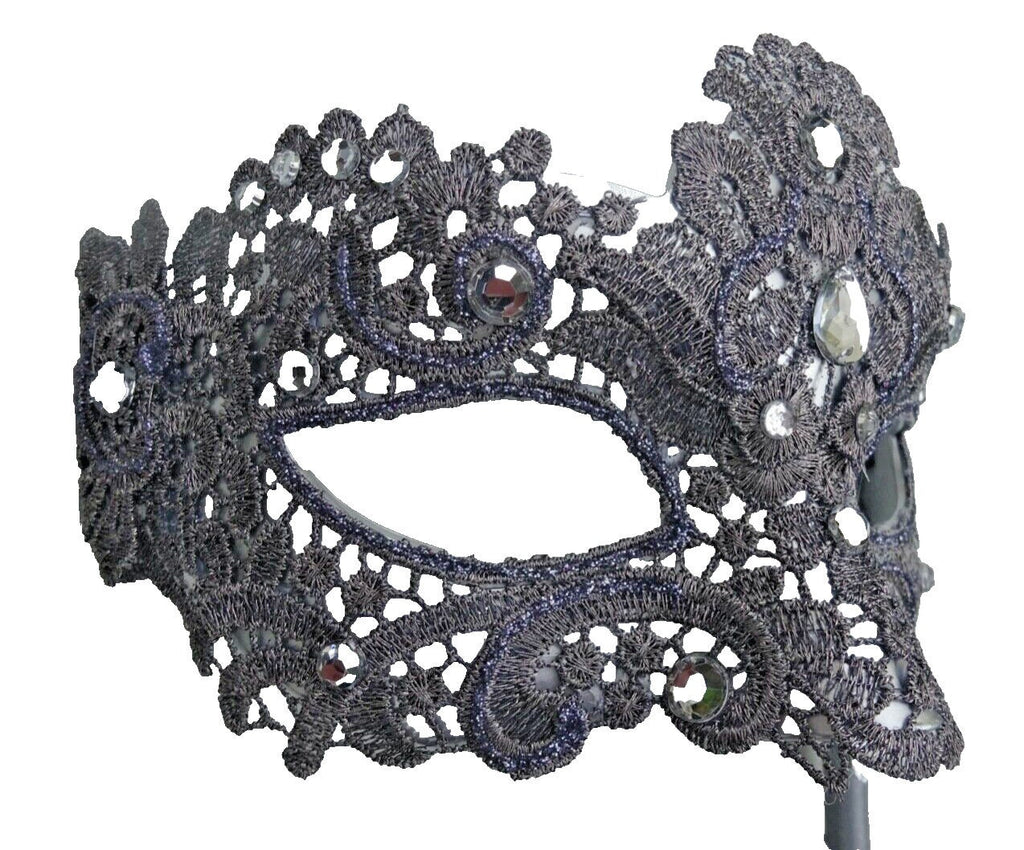 Hand Held Silver Grey Brocade Lace Masquerade Party Carnival Ball Mask on Stick