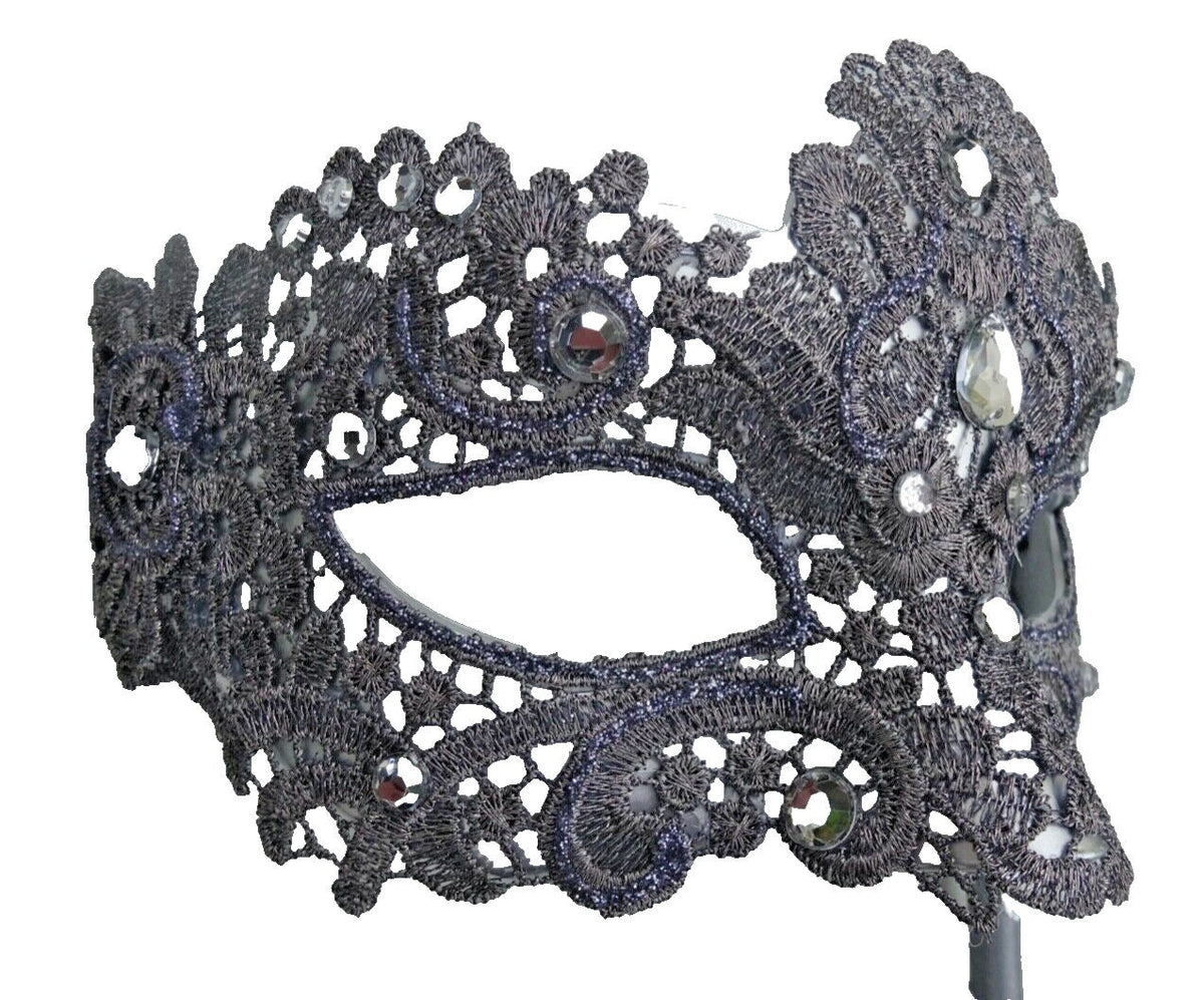 Hand Held Silver Grey Brocade Lace Masquerade Party Carnival Ball Mask on Stick