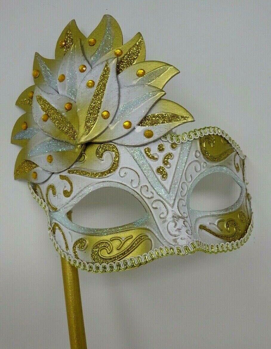 Ladies White and Gold Sparkling Masquerade Mask with Diamonte Detail Hand Held on a Wooden Stick