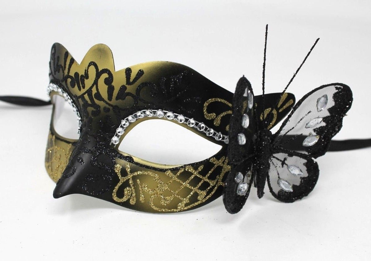 Black and Gold Masquerade Mask with Black Butterfly Details