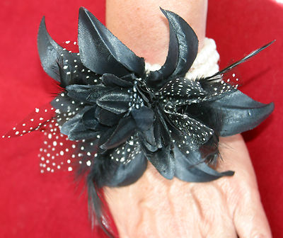 Black Wrist Corsage Fascinator Fabric & Feather Pearlised Wrist Bracelet Funeral