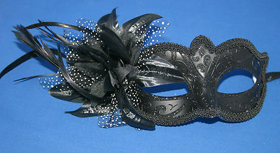 LADIES MIDNIGHT BLACK WITH FLOWER STUNNING VENETIAN MASQUERADE PARTY EYE MASK