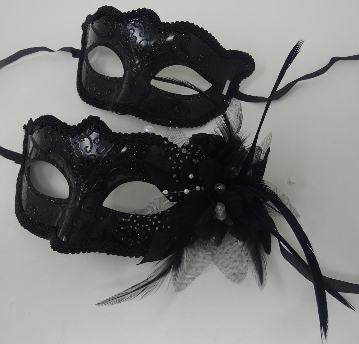 Black Gloss His n Hers Couples Masquerade Masks with Flower Beaded Stamens Organza