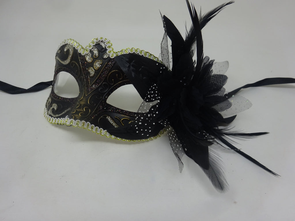 Black, Bronze, Gold and Silver Masquerade Mask with Flower