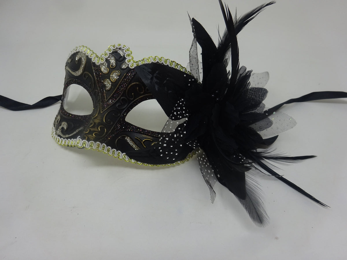 Black, Bronze, Gold and Silver Masquerade Mask with Flower