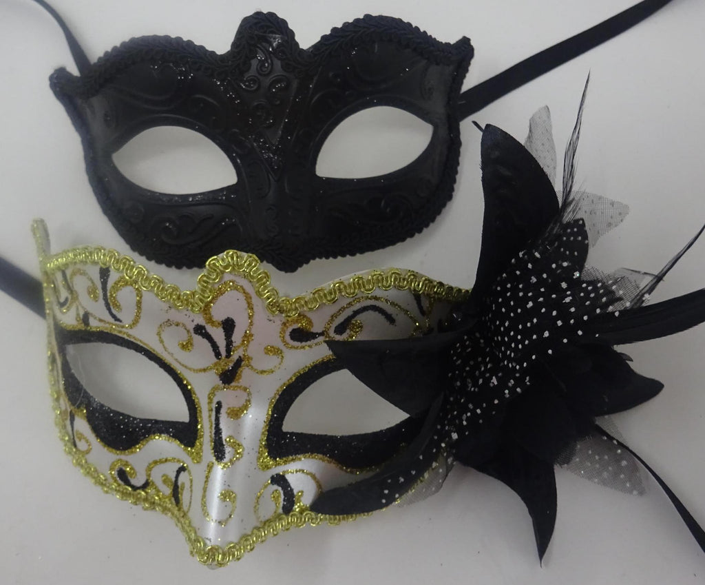 Black and Gold Swirl Pair of Couples His and Hers Masquerade Masks