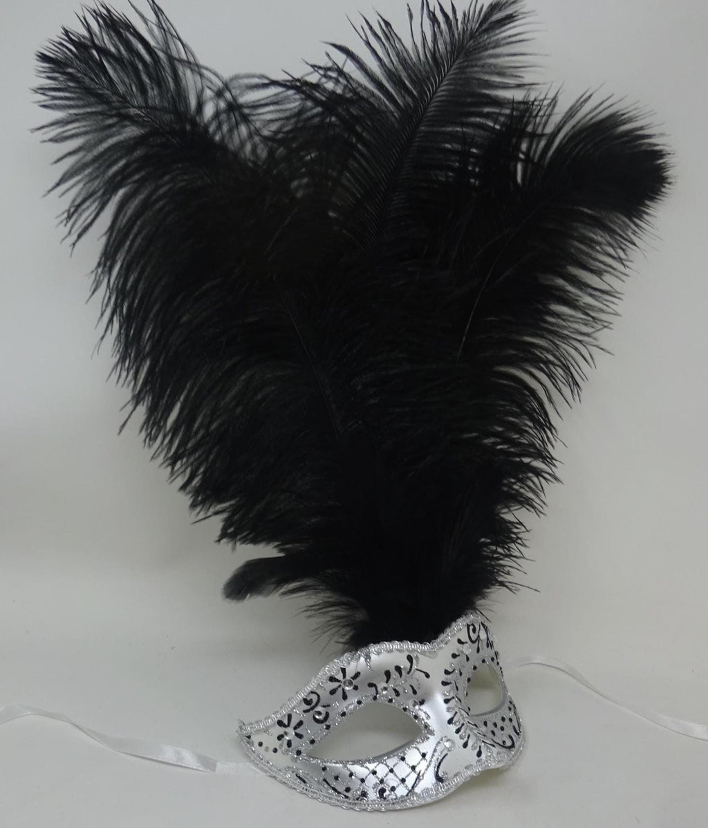 Stunning Black and Silver Long Black Feather Venetian Masquerade Prom Ball Eye Mask with Clear Diamontes