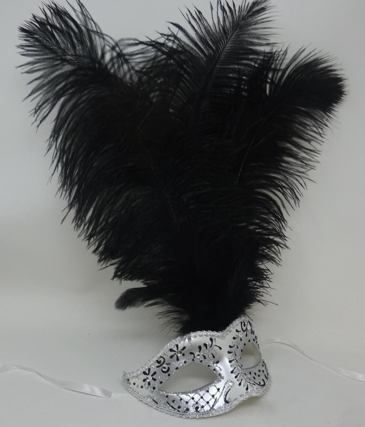 Stunning Black and Silver Long Black Feather Venetian Masquerade Prom Ball Eye Mask with Clear Diamontes