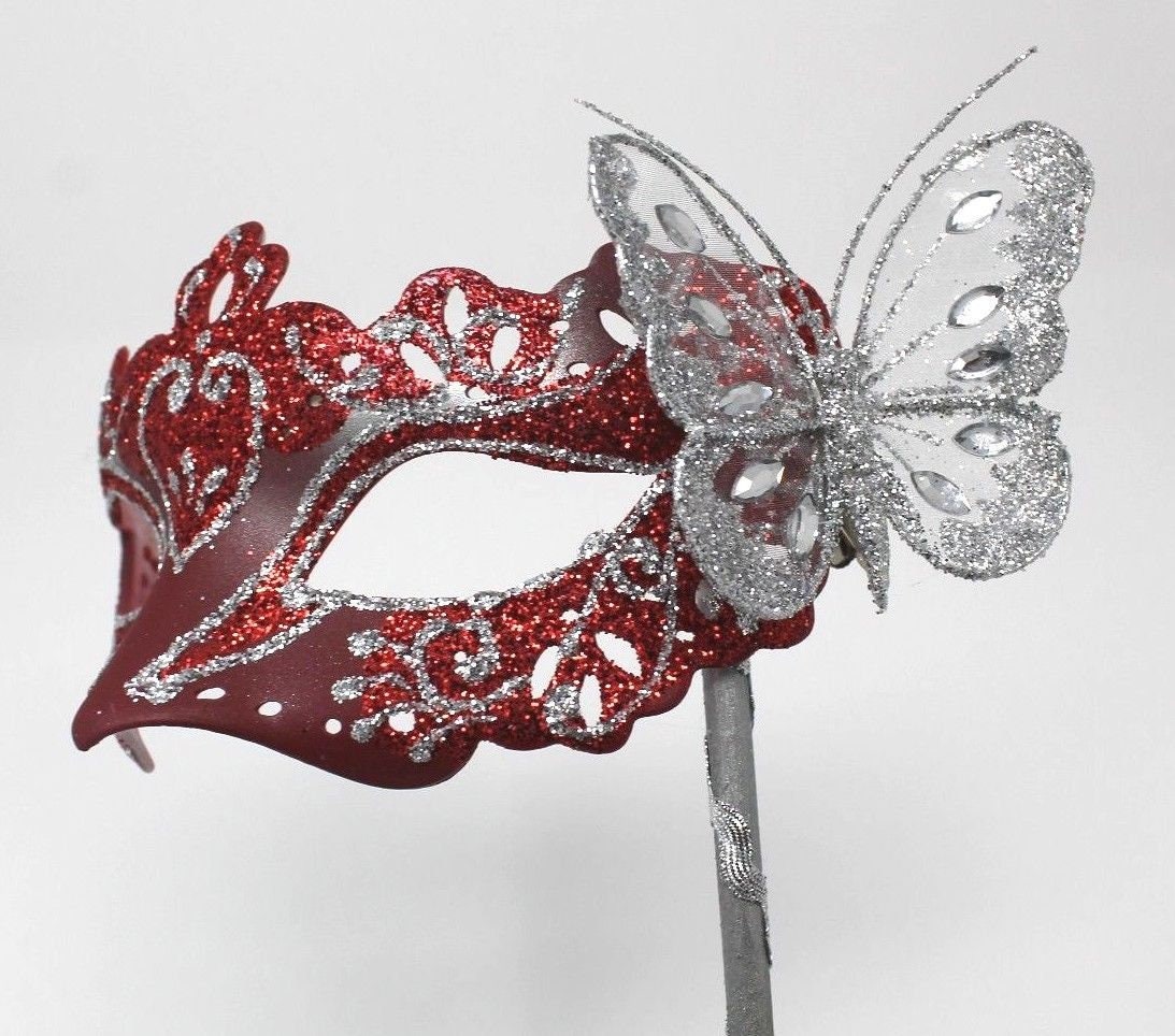 Red and Silver Butterfly Mask on a Silver Stick
