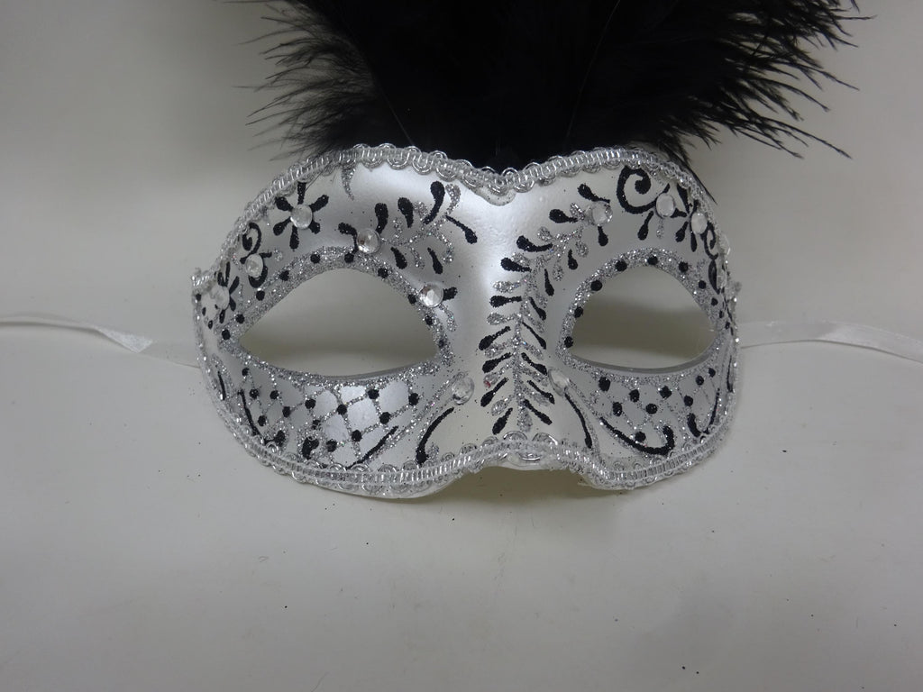 Stunning Black and Silver Long Black Feather Venetian Masquerade Prom Ball Eye Mask with Clear Diamontes