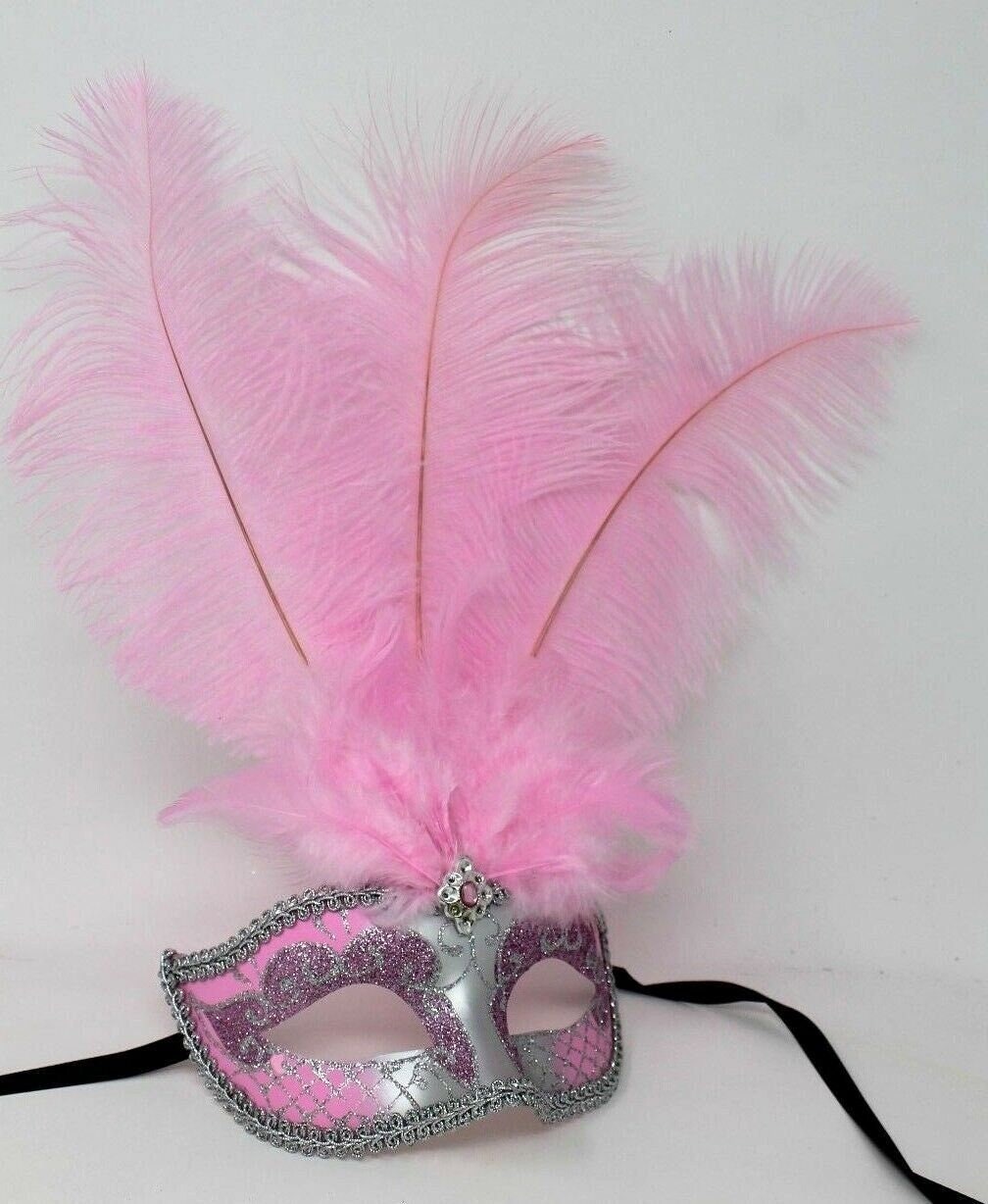 Ladies Baby Pink and Silver Feather Masquerade Carnival Party Ball Mask