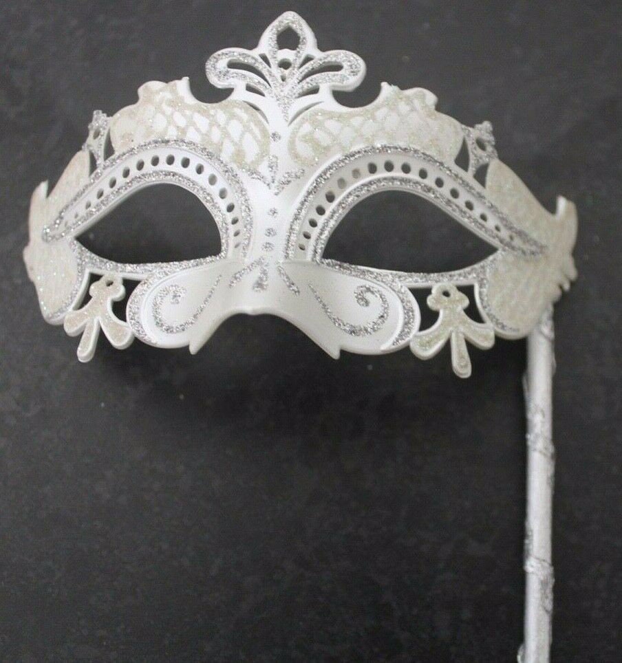 Rialto White and Silver Masquerade Party Carnival Ball Mask Hand Held on a Wooden Stick