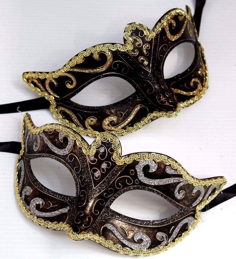 Black, gold and bronze his and hers couples pair of masquerade masks