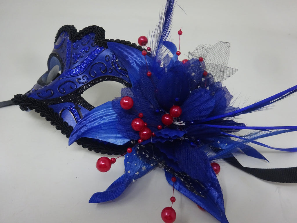 Sparkling Blue and Black Masquerade Ball Party Eye Mask with Flower Feathers and Red Beaded Stamens