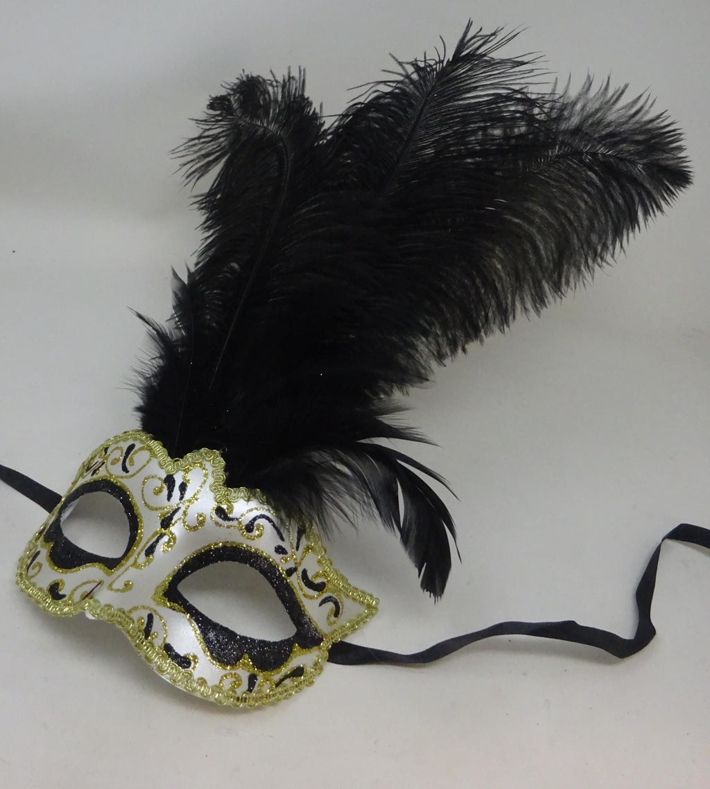 Black Ivory and Gold Venetian Masquerade Ball Carnival Party Prom Mask with Long Feathers
