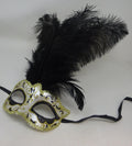 Black Ivory and Gold Venetian Masquerade Ball Carnival Party Prom Mask with Long Feathers