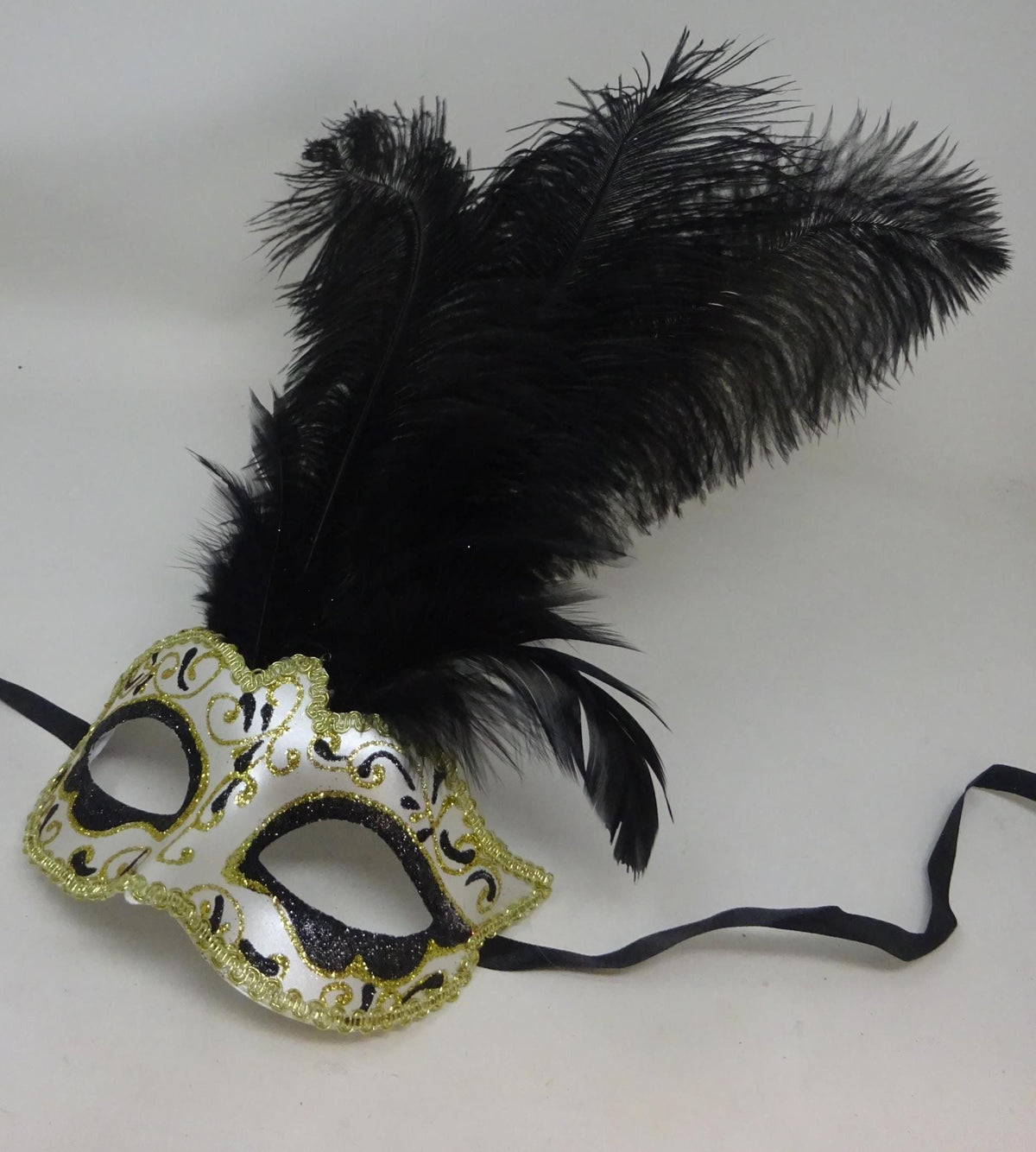 Black Ivory and Gold Venetian Masquerade Ball Carnival Party Prom Mask with Long Feathers