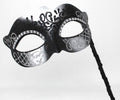 Black and Silver Masquerade Mask on a Black Stick