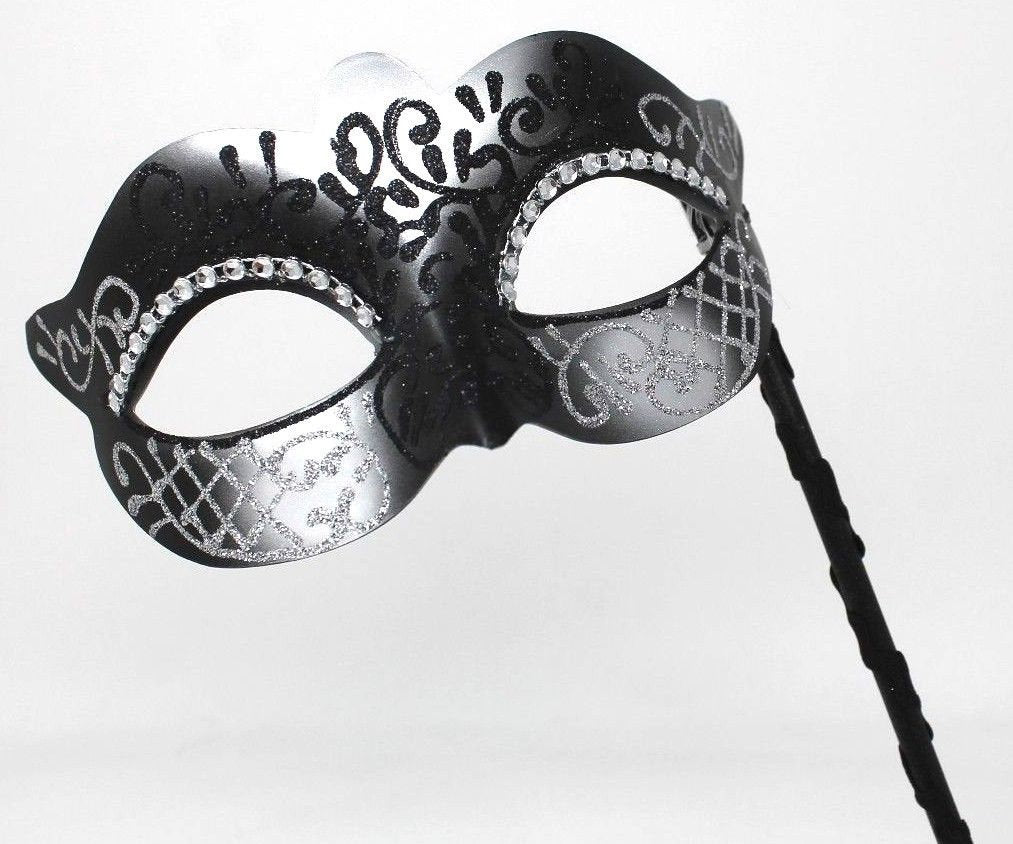 Black and Silver Masquerade Mask on a Black Stick