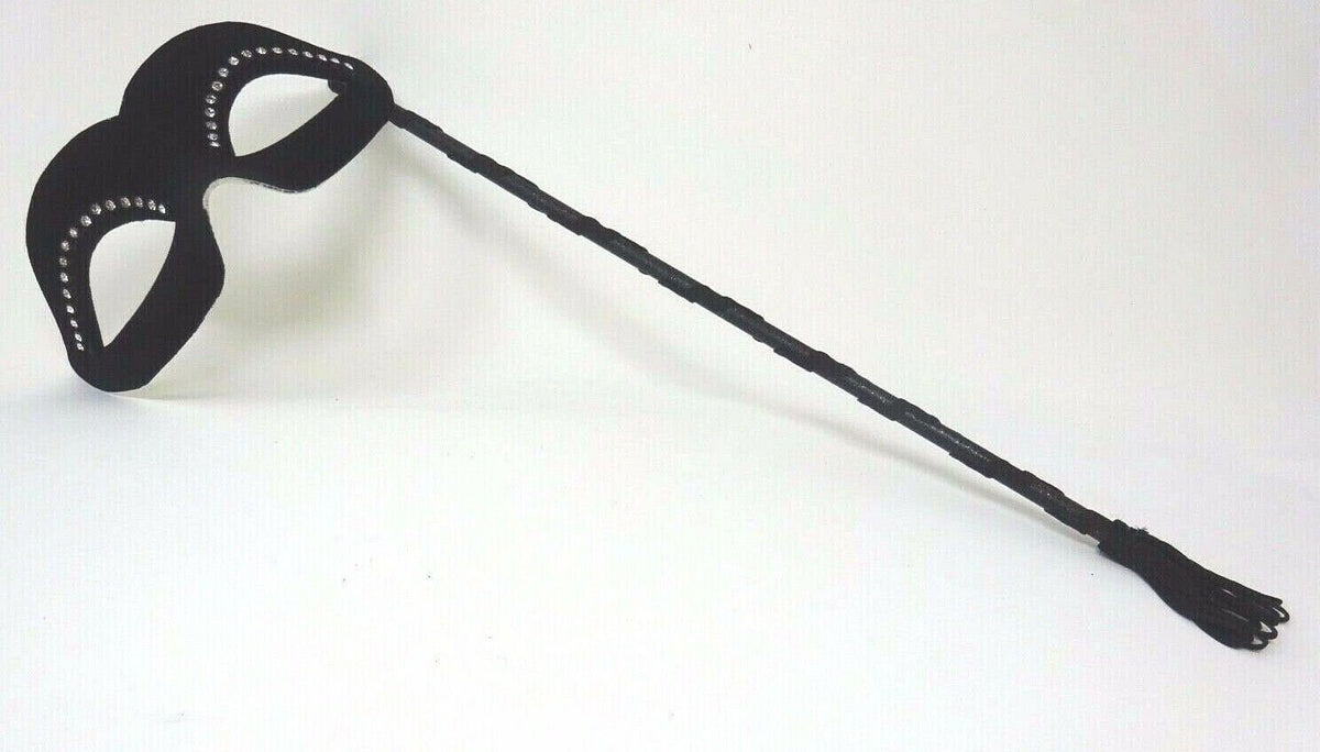Velour Diamonte Black Masquerade Hand Held Mask on a Stick with Diamontes