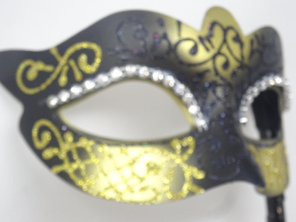 Hand Held Ladies Jewelled Glittering Black and Gold Masquerade Prom Party Ball Carnival Mask on a Stick