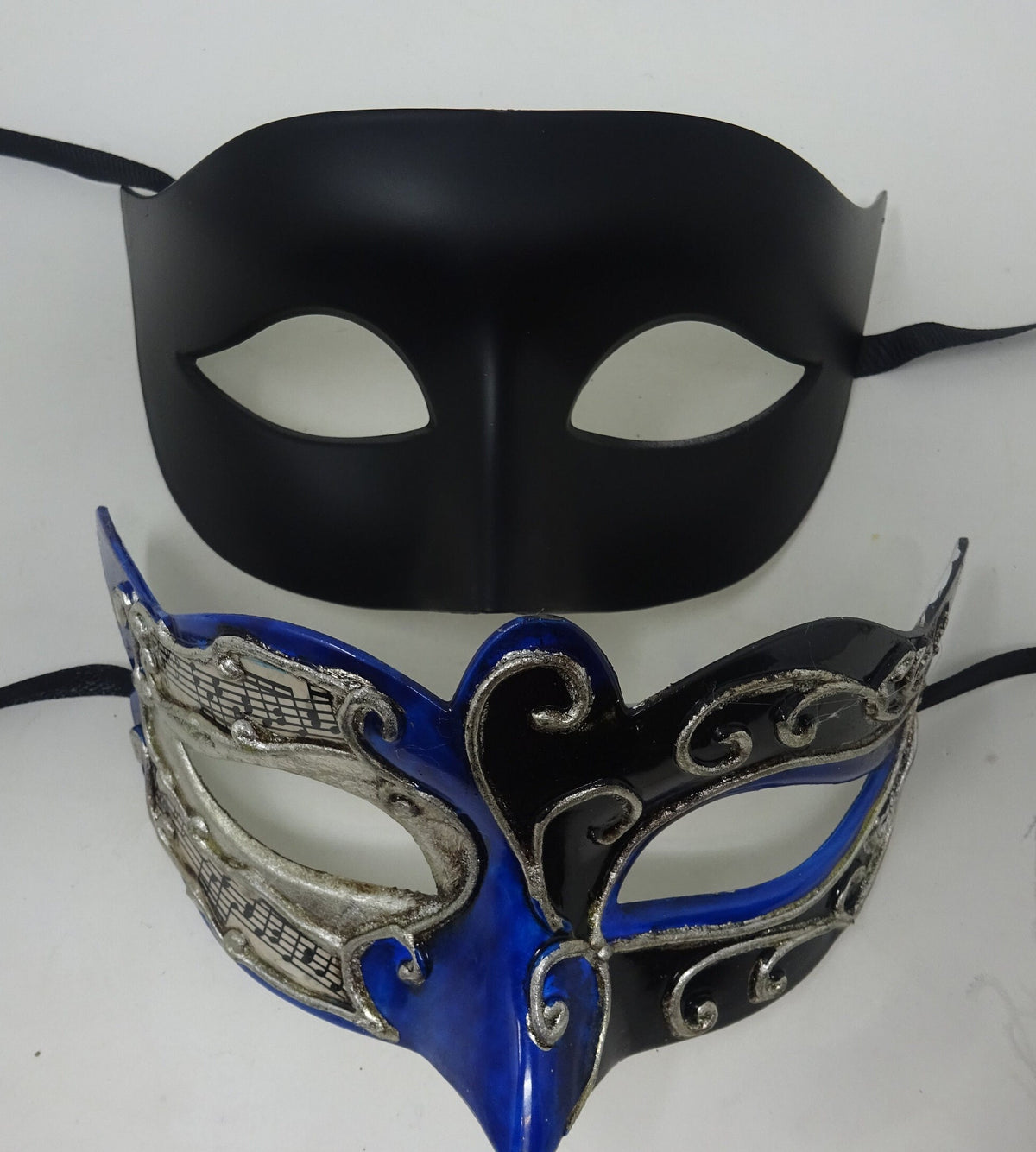 Musical Script Black Silver and Blue His and Hers Couples Pair of Masquerade Party Ball Carnival Masks