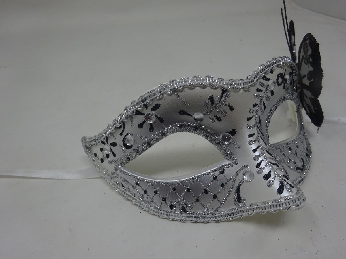 Black and Silver Jewelled Masquerade Mask with Sparkling Butterfly Detail