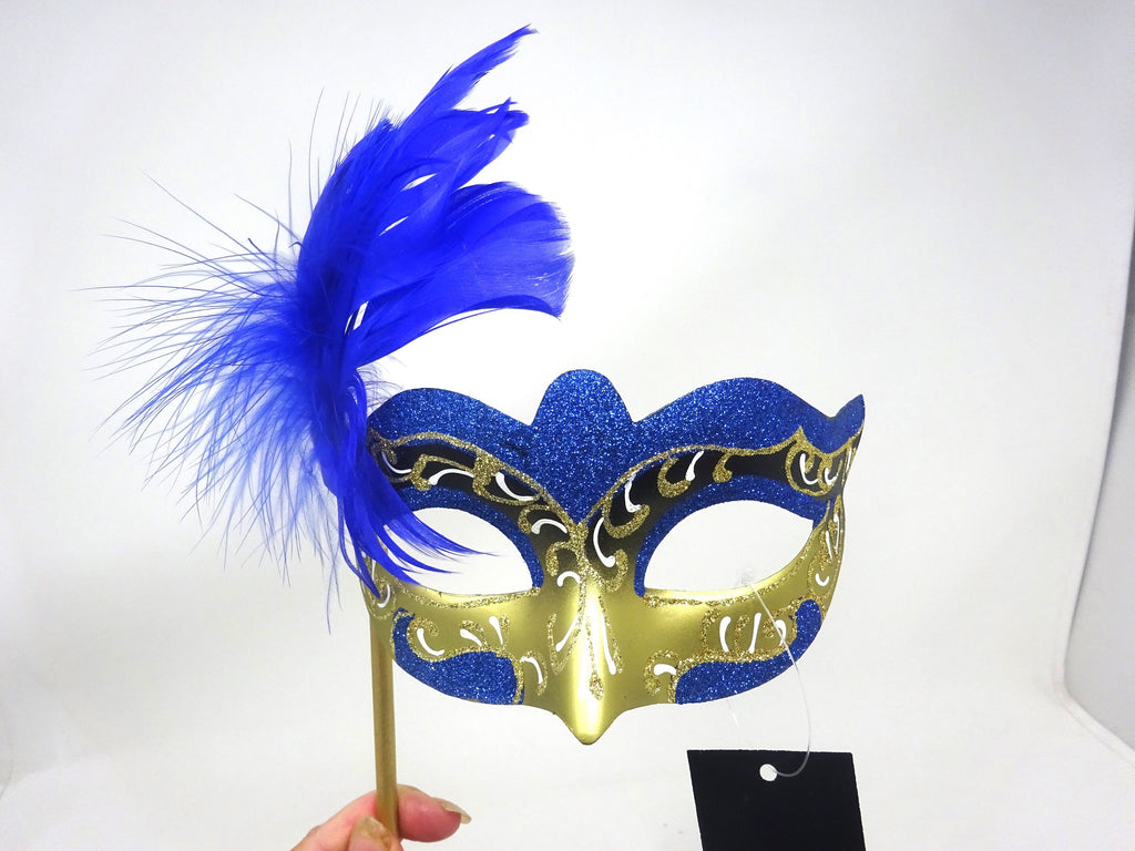 Blue White and Gold Feather Masquerade Party Carnival Ball Eye Mask Hand Held on a Wooden Stick