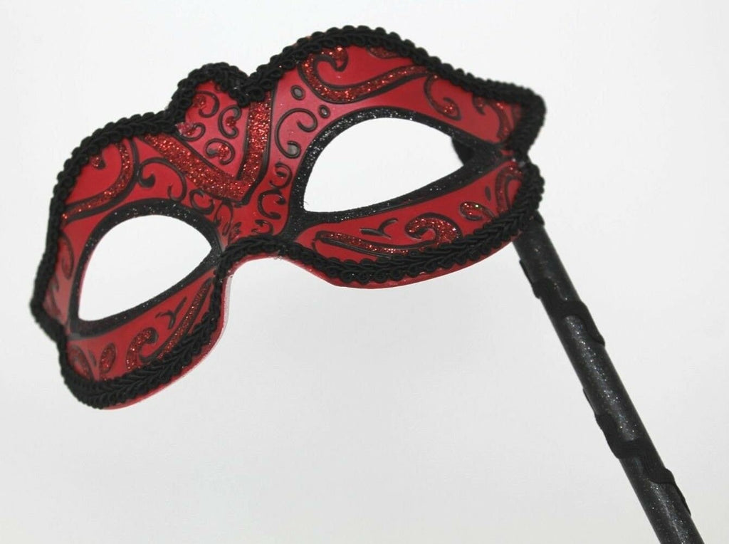 Red and Black Masquerade Mask on a Black Stick