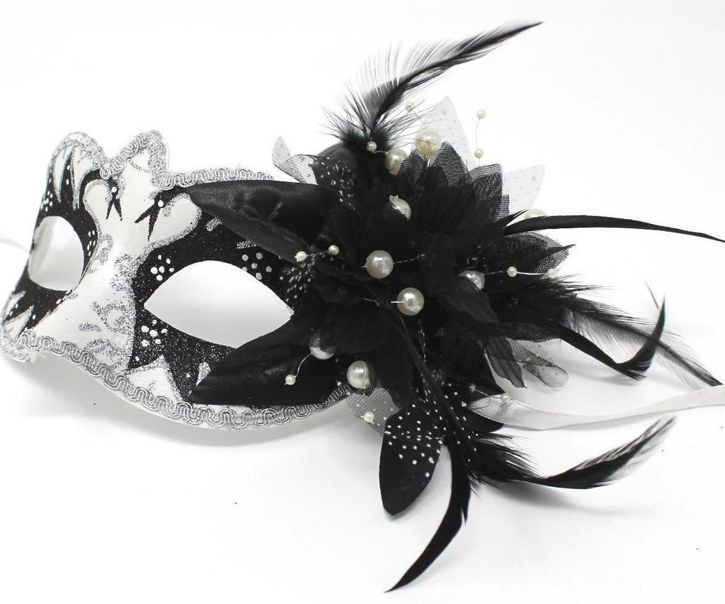 White & Black Swan Lake Masquerade Mask with Flower and Pearl Detail