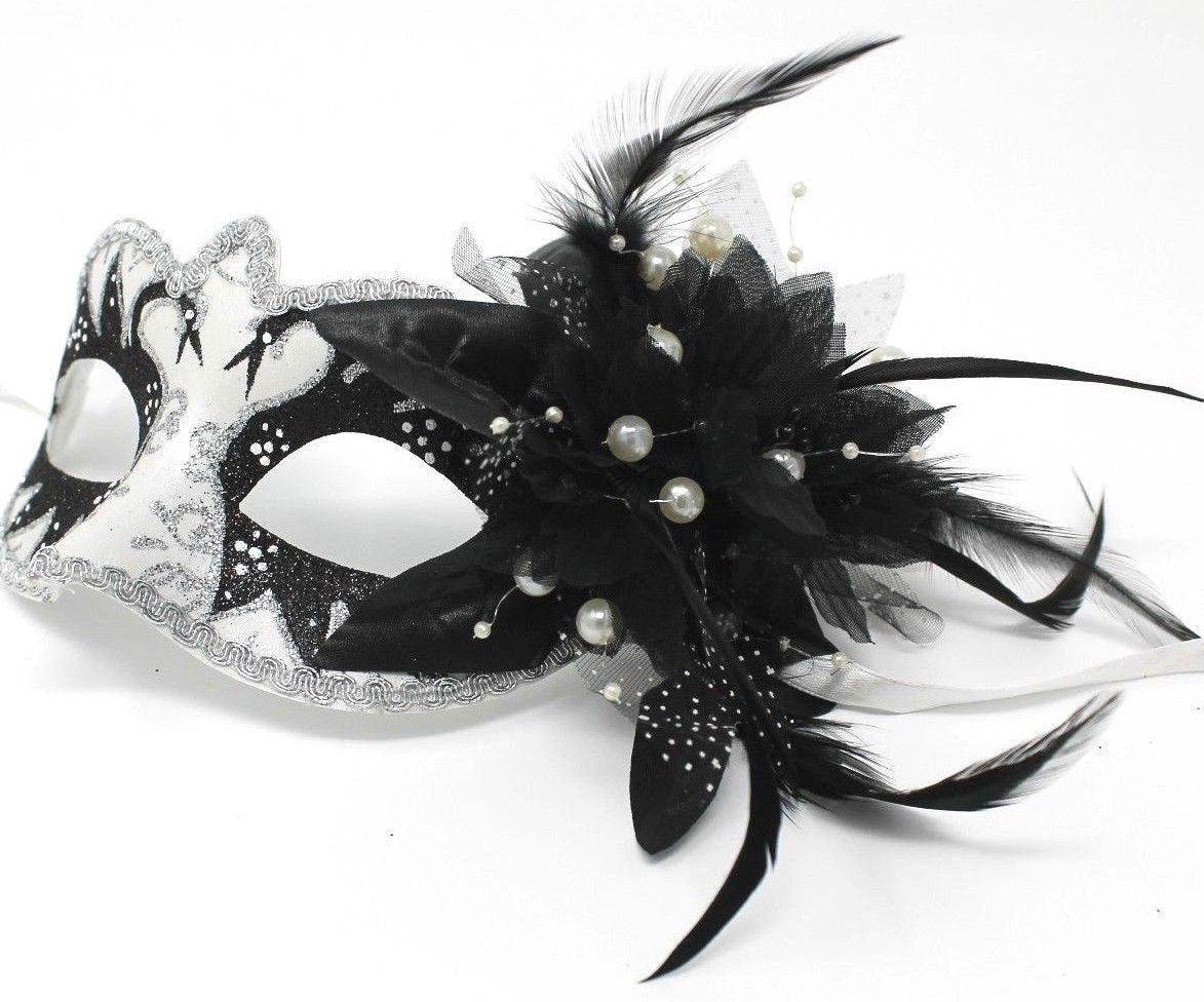 White & Black Swan Lake Masquerade Mask with Flower and Pearl Detail