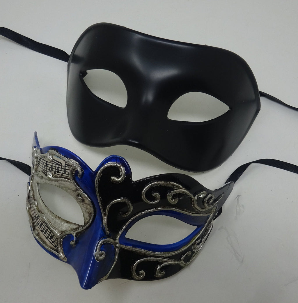 Musical Script Black Silver and Blue His and Hers Couples Pair of Masquerade Party Ball Carnival Masks