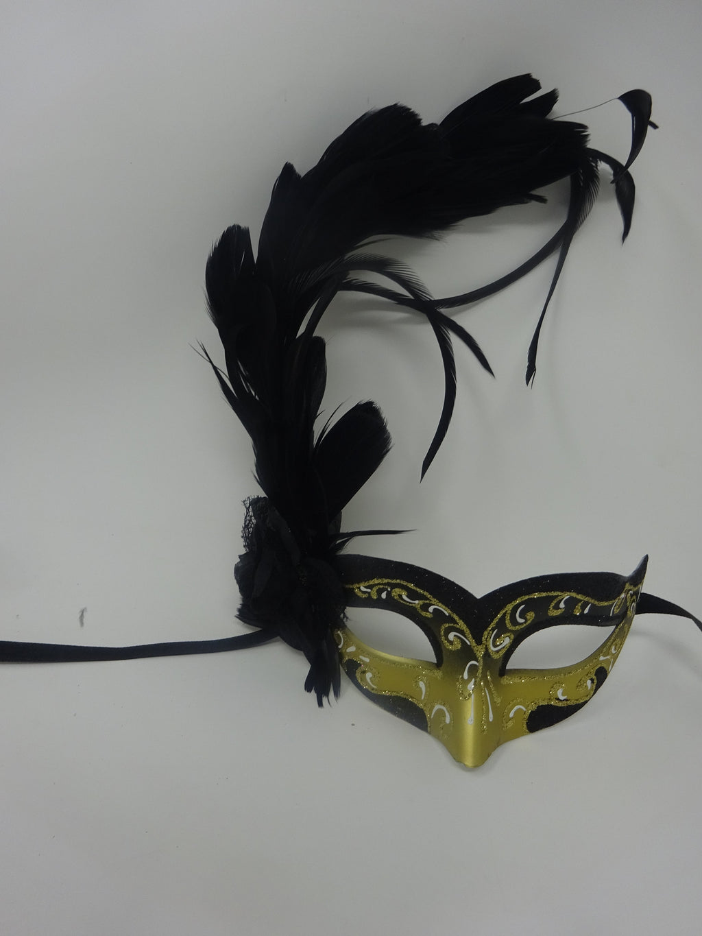 Gold White and Black Masquerade Party Carnival Ball Mask with Long Feathers and Side Flower