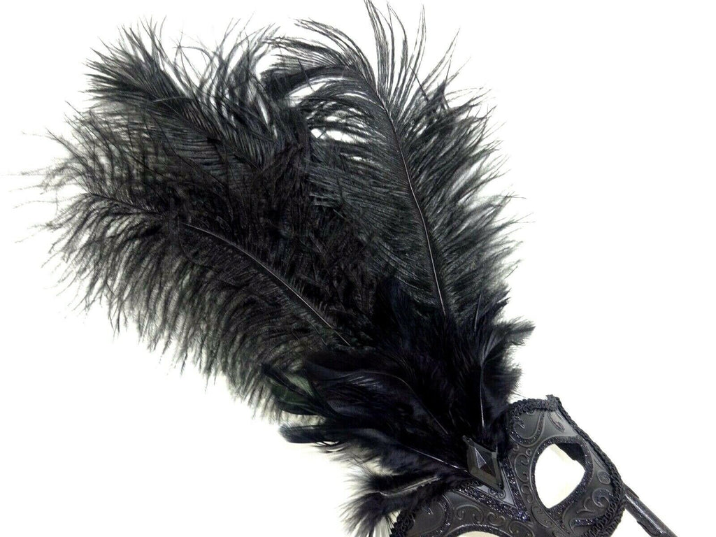 Stunning Black Masquerade Mask with Long Feathers Hand Held on a Stick