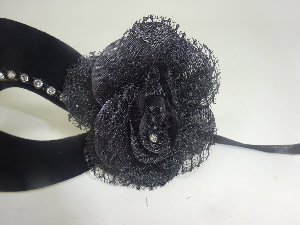 Small Ladies Delicate Velour Diamonte Black Masquerade Ball Carnival Mask with Flower & Single Diamonte