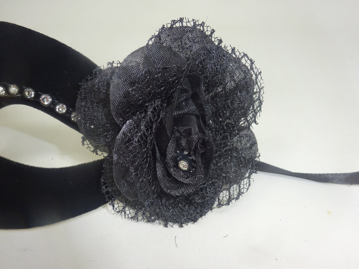 Small Ladies Delicate Velour Diamonte Black Masquerade Ball Carnival Mask with Flower & Single Diamonte