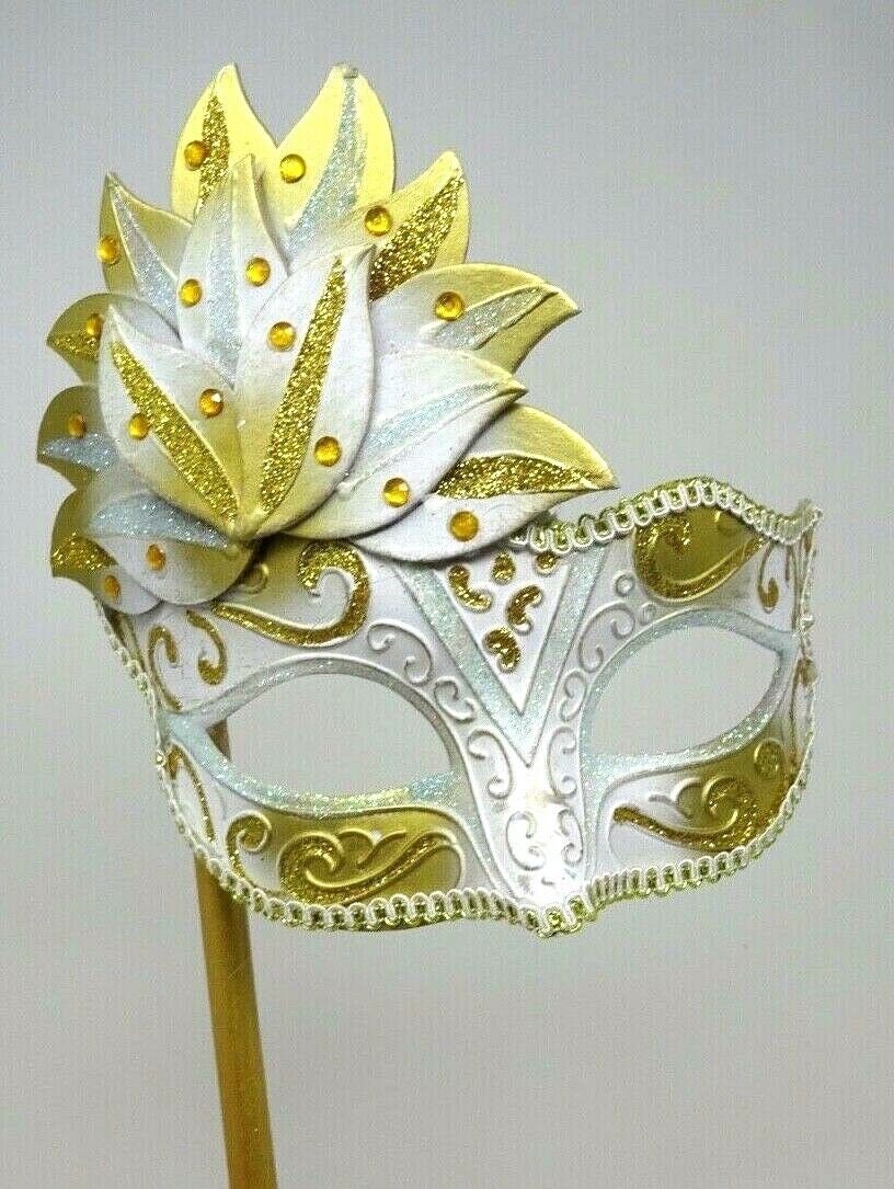 Ladies White and Gold Sparkling Masquerade Mask with Diamonte Detail Hand Held on a Wooden Stick