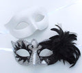 His and Hers Flick Swan Lake Couples Masks in Black and Pearlised White with Flower