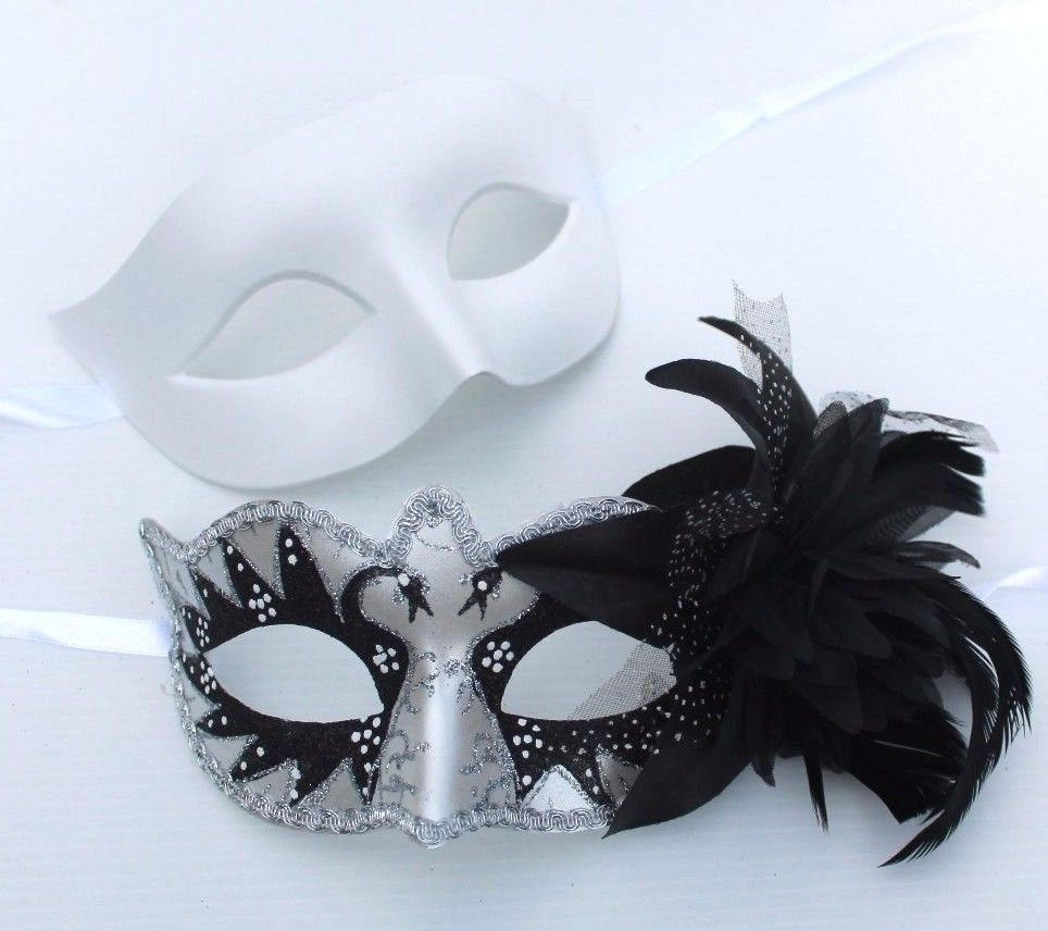 His and Hers Flick Swan Lake Couples Masks in Black and Pearlised White with Flower