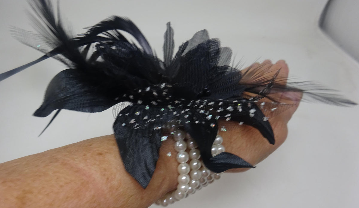 Black Flower Wrist Corsage on Beaded Bracelet with Fabric Flower with Feathers and Spotted Organza