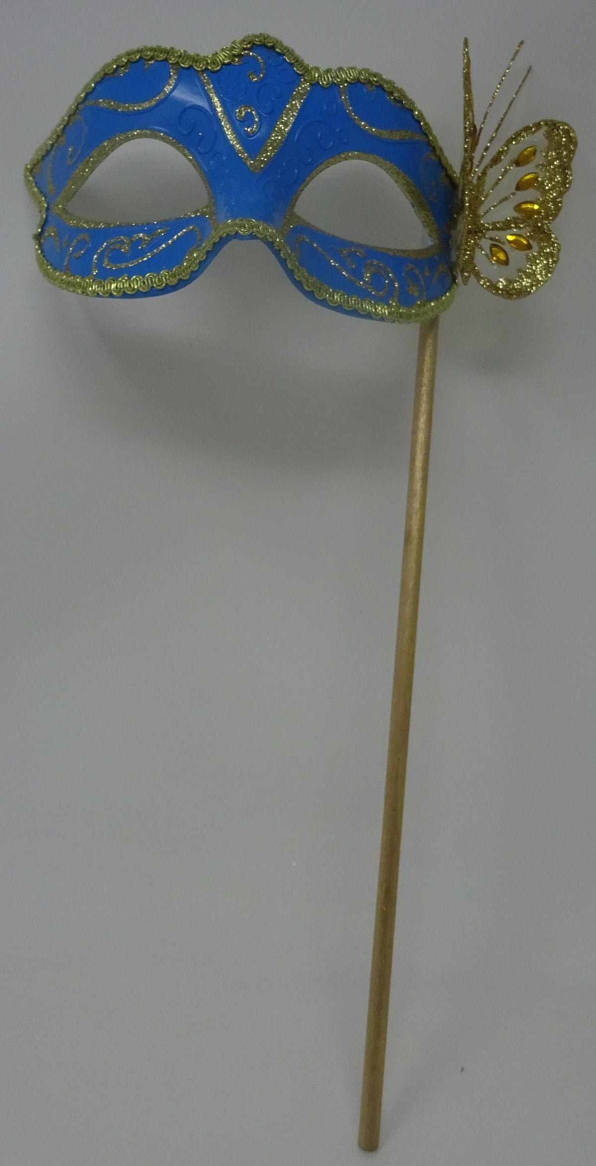 Turquoise and Gold Masquerade Party Carnival Ball Mask on a Gold Stick with Butterfly
