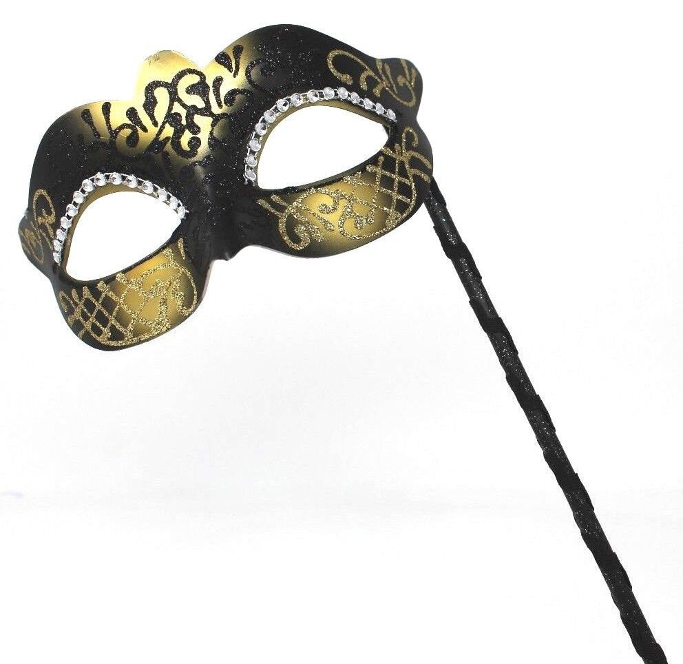 Black and Gold Masquerade Mask on a Stick